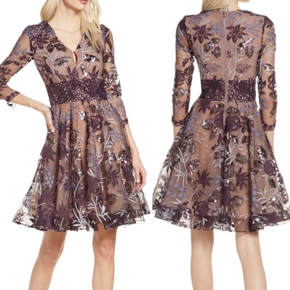 Bronx and Banco Purple Fiora Sequin Embroidered Mesh ¾ Sleeve Mini Dress Size 4